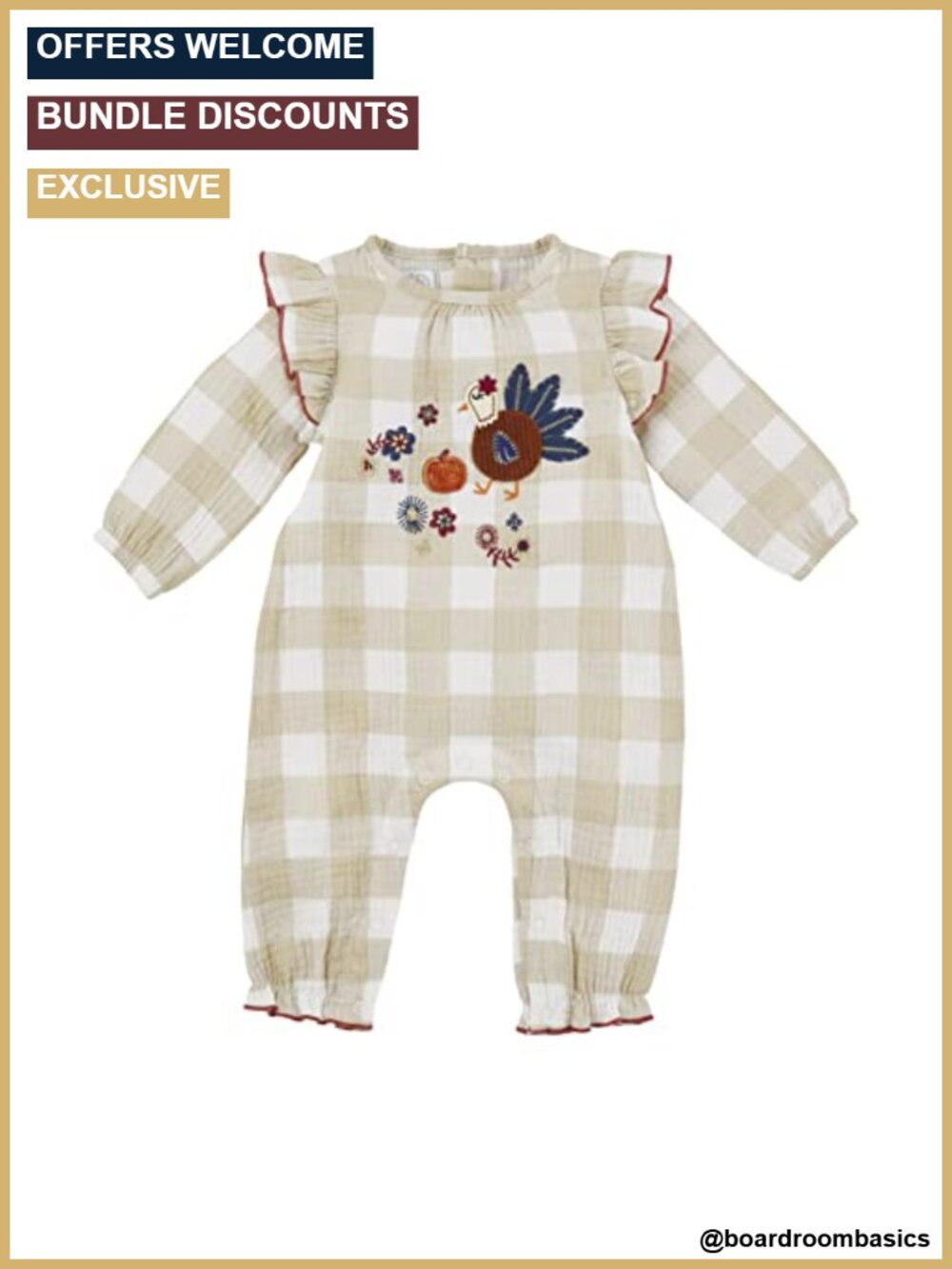 Baby Girl Thanksgiving Turkey One-Piece Bodysuit Cotton Gauze Flutter Sleeve